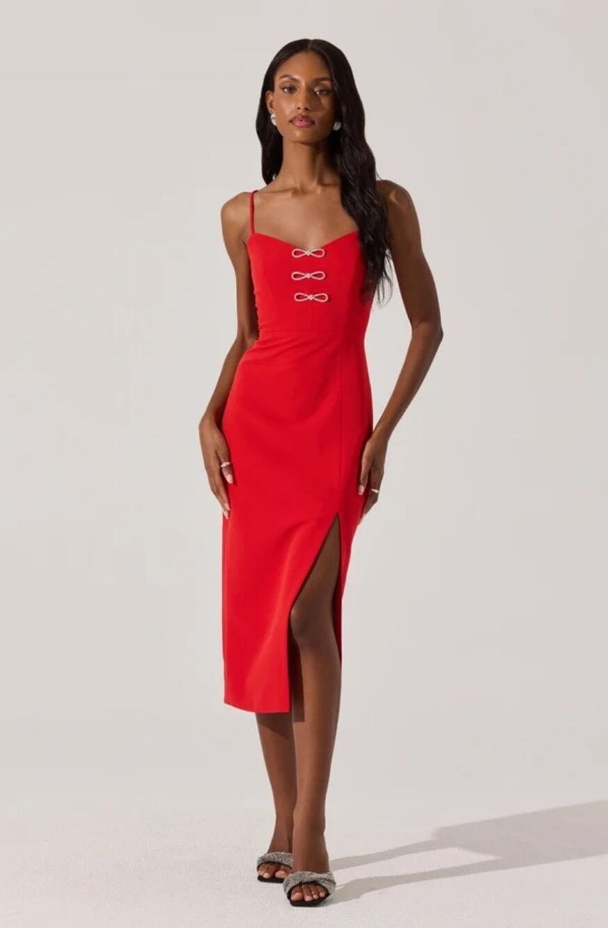 ASTR The Label Dress SZ Medium NEW Rhinestone Red Midi Cocktail Bow Detail NWOT